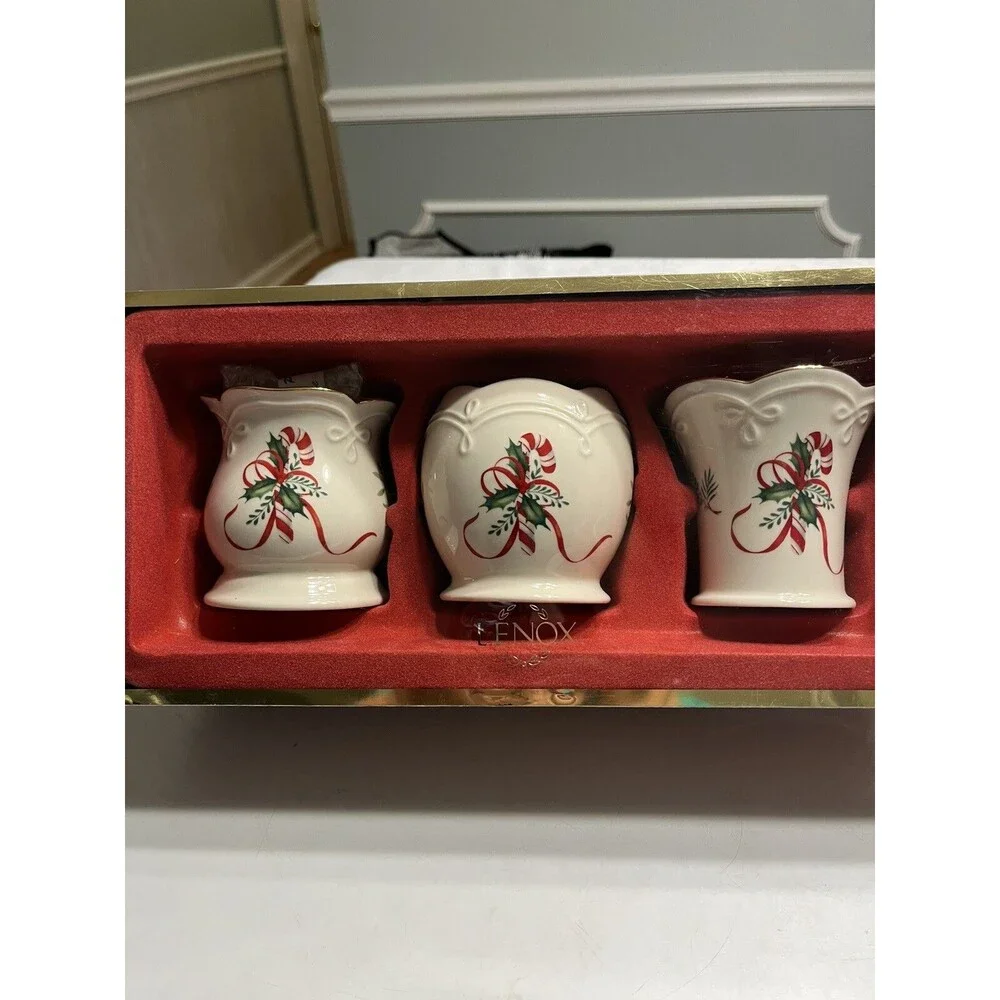 Lenox Christmas Holly Berry Ribbon Candle Holder Set of 3 NIB
